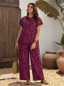 Plus Size Women's Zebra Print Woven Fabric Casual Set Daily Summer Elegant - Hot Pink - View 3