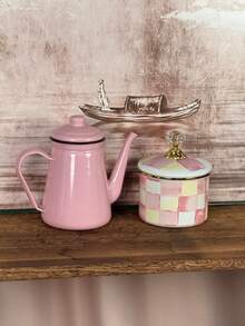 Gentle Creamy INS Style + Pink Yellow White Hand-Painted Checkerboard / Pure Pink Macaron Color Scheme + Round Teapot & Straight Storage Jar Set + Solid Wood Handle + Crystal Top Bead + Gold Rim + Even Heat Distribution, Airtight Moisture-Proof Easy To Clean + Enamel Coffee Pot Storage Jar Set + Home Coffee Brewing, Afternoon Tea Gathering, Kitchen Storage, Holiday Housewarming Gift - Multicolor - View 4