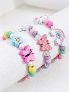 Set di 3 braccialetti in perline di legno con unicorno e farfalla per bambini, braccialetti elastici con ciondoli floreali arcobaleno, gioielli carini a tema cartoni animati, regali di amicizia per ragazze - Multicolore - Visualizzare 3