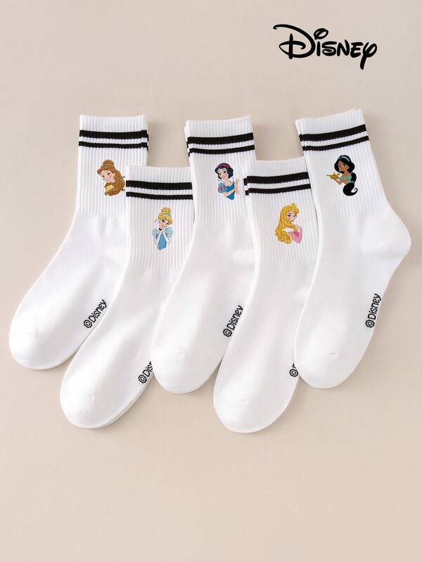 Disney 5/1 par de calcetines cortos blancos para mujer adulta con estampado de princesas Disney Belle, Cenicienta, Blancanieves, Aurora y Jazmín, calcetines finos de moda para primavera/verano, calcetines de princesa de dibujos animados de gran , regalo ideal para festivales del Medio Oriente, tela transpirable con rayas verticales, absorción de humedad y secado rápido, elásticos y antideslizantes, estilo casual dulce y vanguardista de dibujos animados, calcetines de media pantorrilla con doble raya negra, adecuados para uso diario, reuniones de oficina, regalos o uso doméstico