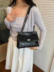 Fashion Solid Color Quilted Diamond Pattern Small PU Shoulder Bag, Portable Crossbody Bag, Multiple Compartments, Suitable For Women Shopping, Dating, Work Commuting And Daily Use. - Black - View 5