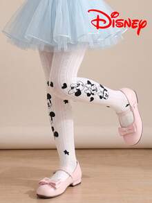 1 Pair Authentic Disney Girls White Vertical Striped Tights, Little Girl Princess Style Mickey Minnie Pattern Party Gift Hollow Mesh Bottom Socks, Comfortable And Breathable Suitable For Students, Gifts And Daily Use - Multicolor - View 1