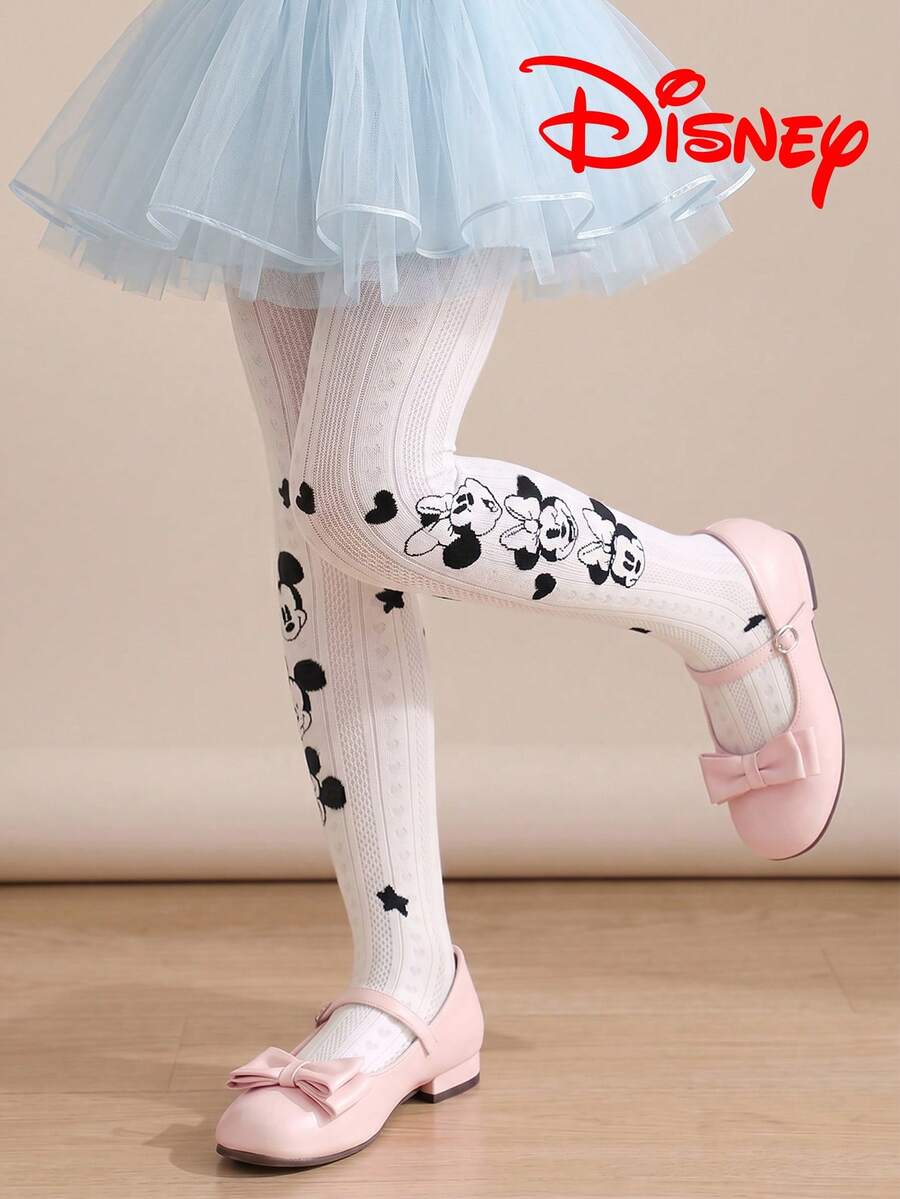 1 Pair Authentic Disney Girls White Vertical Striped Tights, Little Girl Princess Style Mickey Minnie Pattern Party Gift Hollow Mesh Bottom Socks, Comfortable And Breathable Suitable For Students, Gifts And Daily Use - Multicolor - View 1