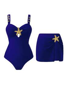 Swim 1 pieza Mono de baño casual con decoración de pentágrama lindo para mujer - azul real - Ver 1