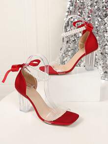 Sandalias de satén rojo transparente con tacón grueso, diseño de punta cuadrada con correa de tobillo de perlas y lazo, punta abierta transpirable y cómoda, tacón grueso de cristal estable y fácil de caminar, adecuado para boda, dama de honor, banquete, fiesta, cena nocturna, cita, baile y otras ocasiones, zapatos de boda elegantes y versátiles, zapatos de noche franceses para mujeres. - Rojo - Ver 5