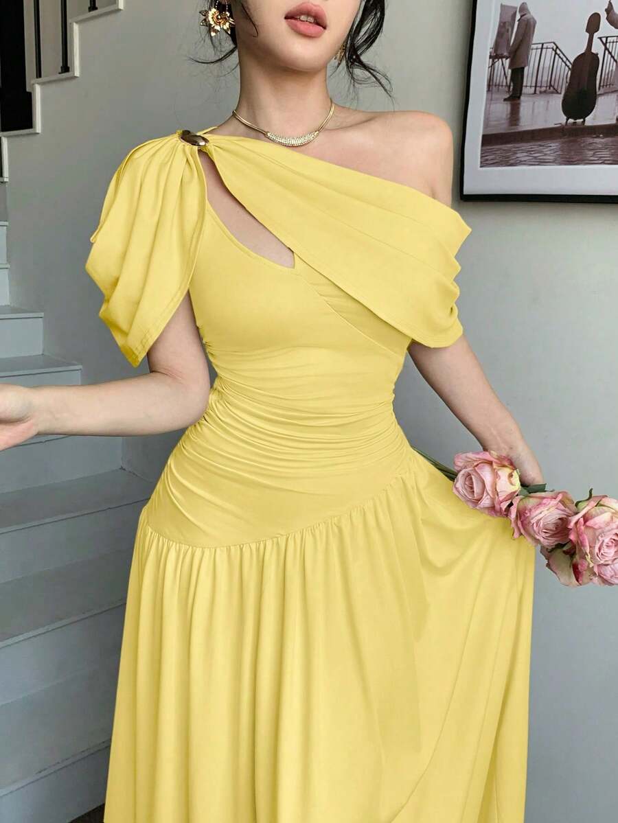 Vestido largo de mujer de ajuste ceñido, con un hombro, cintura fruncida, falda acampanada, elegante y de moda, para fiestas, citas, eventos festivos, bodas, ocasiones formales, cenas, Día d - Amarillo - Ver 1