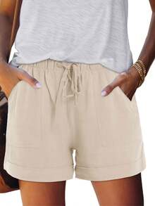 Women's Casual Shorts With Adjustable Drawstring, Elastic Waistband, Solid Color, Lightweight, For Summer Beach, With Pockets - 乳白色 - 查看 1