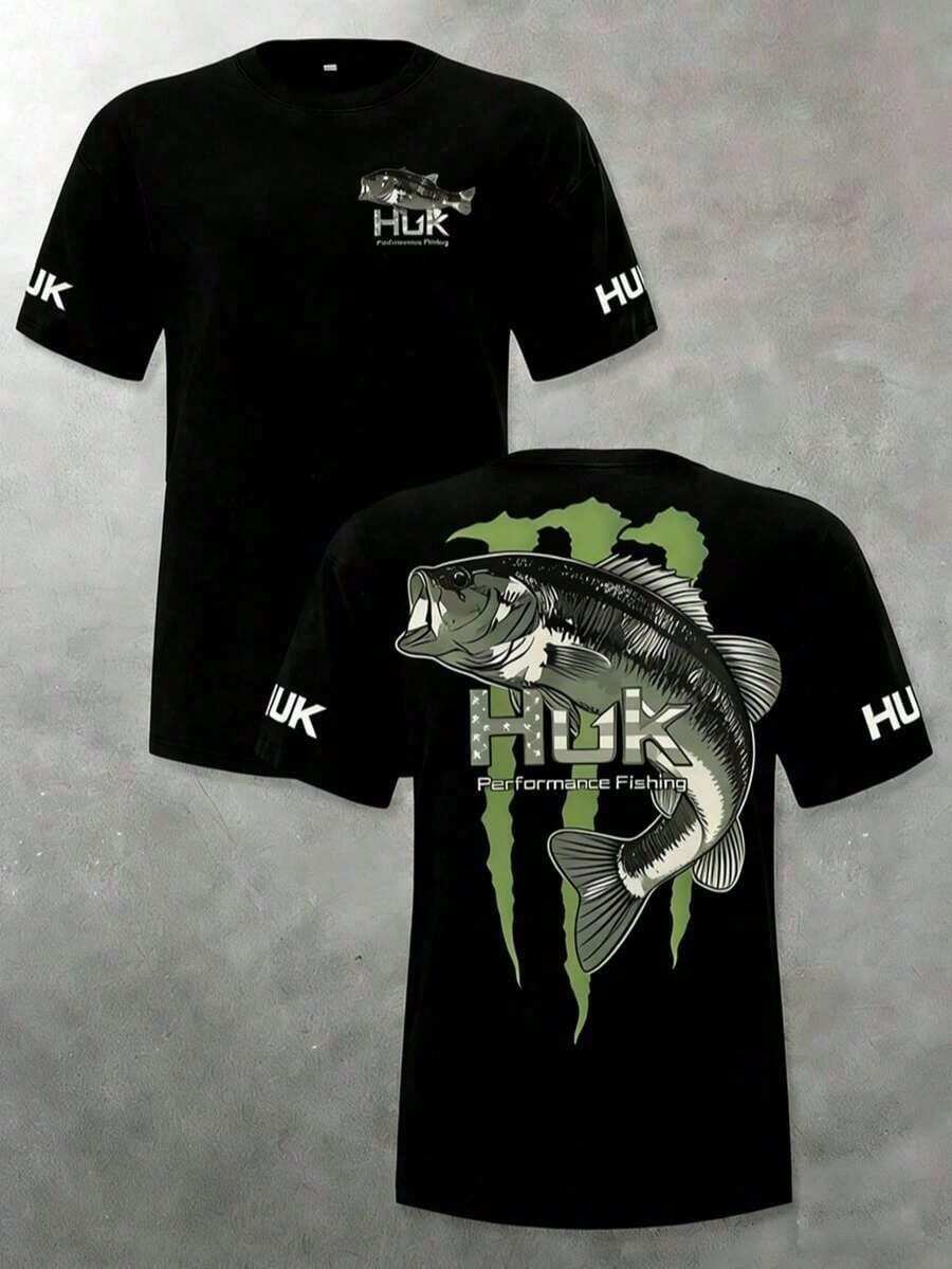 Mer TopsMen's Casual Crewneck HUK - Shirt - Camo Bass Fish Graphic, 180g Soft Cotton Summer Fishing Hiking Short Sleeved-Shirt XMNBsummer Outfits U4R4 - Ink Black - View 1