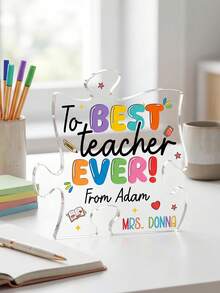 1 pieza Decoración de escritorio de acrílico con forma de rompecabezas personalizada, recuerdo de agradecimiento al maestro personalizado, nombre y texto personalizables, decoración de garabatos con tema escolar lindo (manzana, lápiz, libro y corazón), regalo ideal de agradecimiento al maestro, decoración de escritorio de aula, Día del Maestro - Multicolor - Ver 3