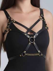 1pc Women's Punk Style Black Sexy Hollow Out Bustier Cross Strap PU Leather Harness Bondage Top, Suitable For Nightclub, Rave Night Or Theme Party Atmosphere Outfit - Black - View 3