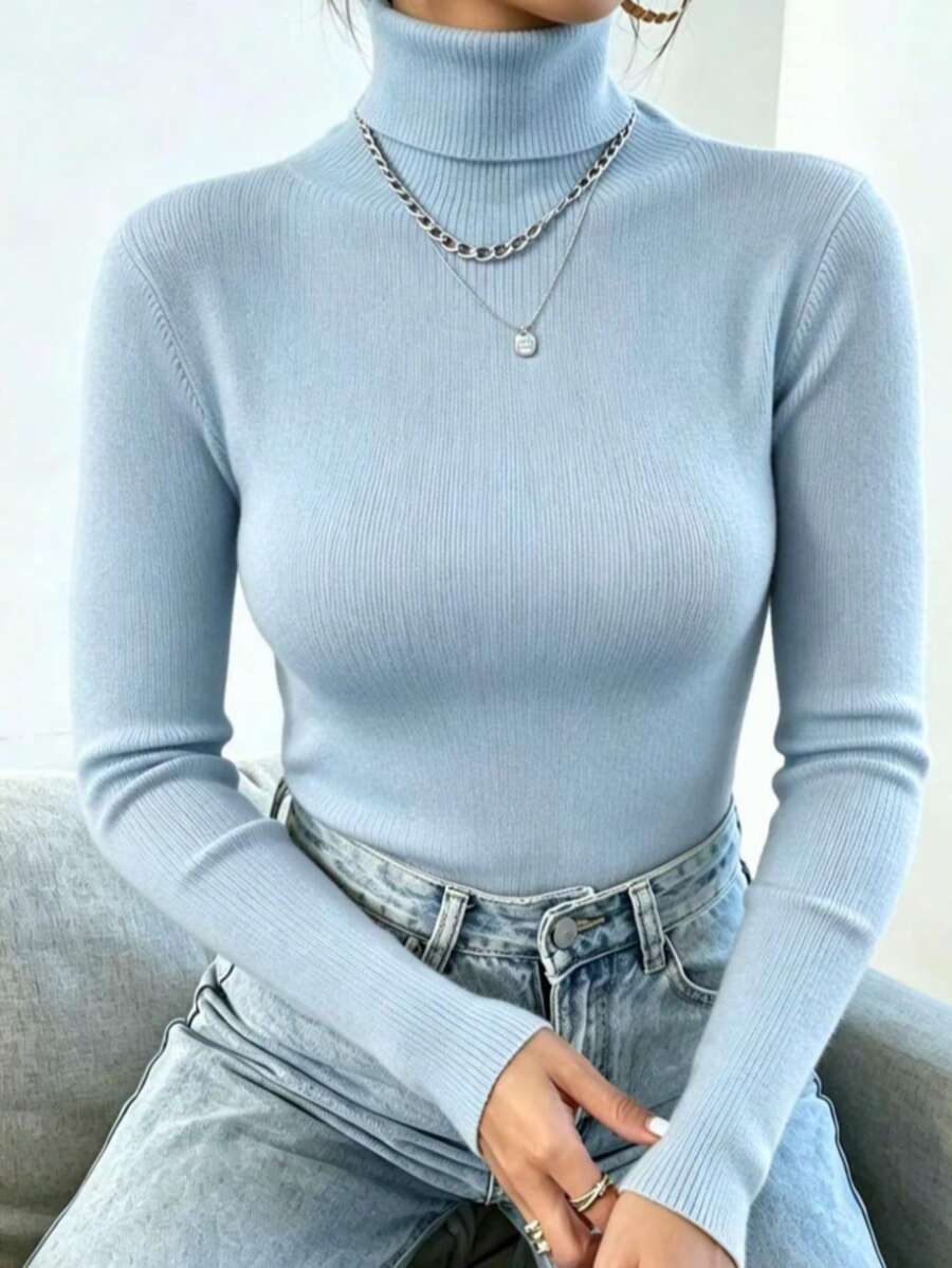 Women's Knitted Blouse High Neck Cacharrel Basic Wool Sweat Fashion Shipping!!! - Baby Blue - View 1