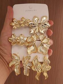 2-12pcs Stylish Asymmetric Floral, Leaf, Striped Earrings, Suitable For Party, Banquet, Travel, Wedding, Holiday, Daily Wear, Jewelry Gift - Gold - View 2