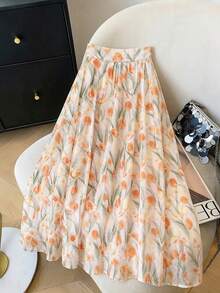 Falda acampanada de talle alto con estampado floral diminuto de tulipanes naranjas suaves, favorecedora y estilizante para el verano - Multicolor - Ver 8