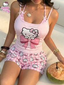 SANRIO Conjunto de ropa de estar en casa KT Cat a cuadros rosa & blanco, top camisola + shorts con estampado integral, conjunto de 2 piezas, tela suave & transpirable, juvenil & atemporal, adecuado para uso en el hogar y al aire libre, conjunto refrescante de verano - Rosa - Ver 2