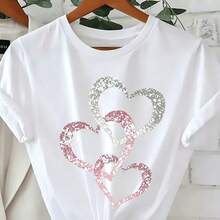 Korean Style Ombre Heart Print T-Shirt - Summer Short Sleeve Round Neck Blouse Suitable For Casual Casual Attire - White - View 2