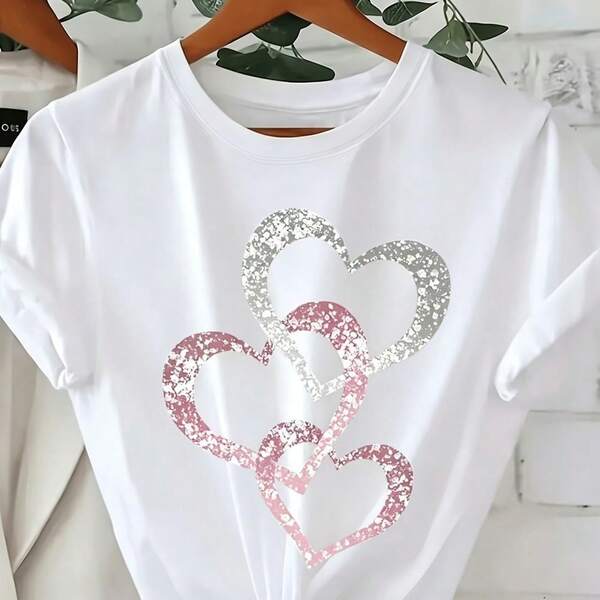 Camiseta estilo coreano con estampado de corazón degradado - Blusa de manga corta de verano con cuello redondo adecuada para atuendo casual, -Línea ajuste regular sin- Top, Lavadora