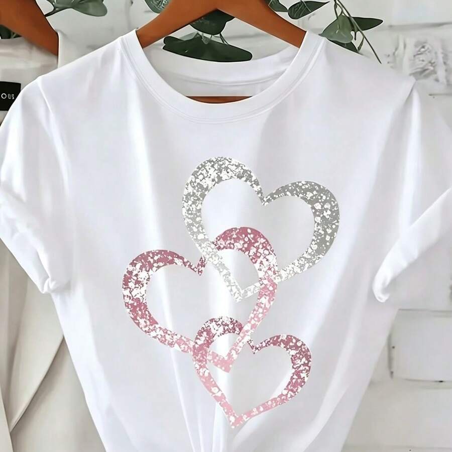Korean Style Ombre Heart Print T-Shirt - Summer Short Sleeve Round Neck Blouse Suitable For Casual Casual Attire