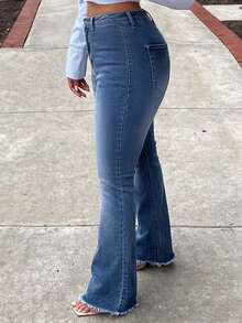 Versatile Washed Distressed Pocket Flare Jeans For Women, Suitable For Commuting, Casual Vacation, And Dating - Dark Wash - View 9
