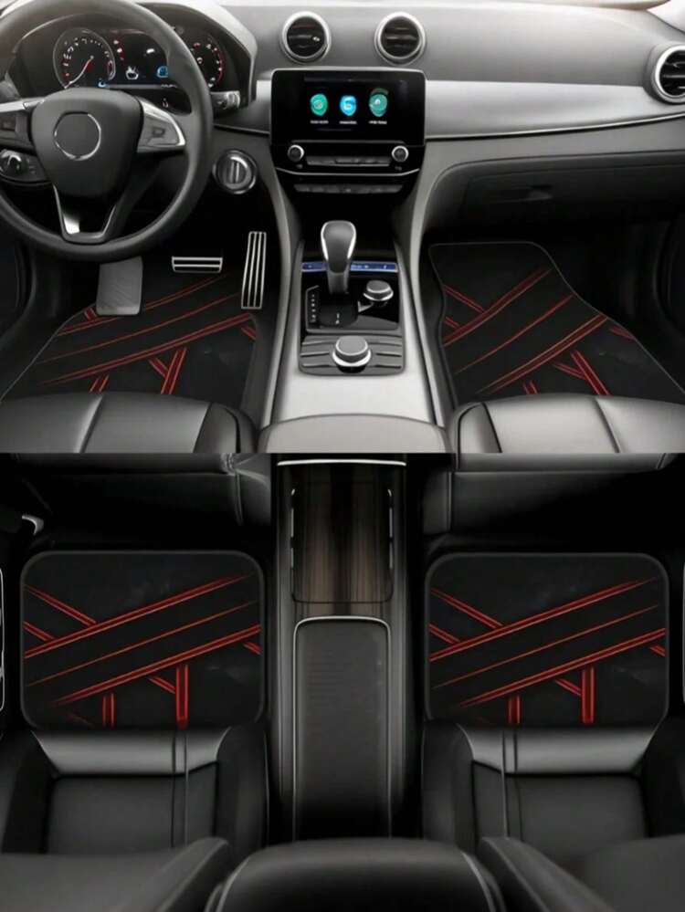 4pcs Patterned Car Floor Mats, Stylish, Absorbent, Non-Slip, Washable, Decorative Car Interior Mats, Suitable For Sedans, SUVs, And Trucks, Black, All-Season, A Must-Have For Car Owners, The Perfect Gift, Suitable For All Weather Conditions. - A - View 1