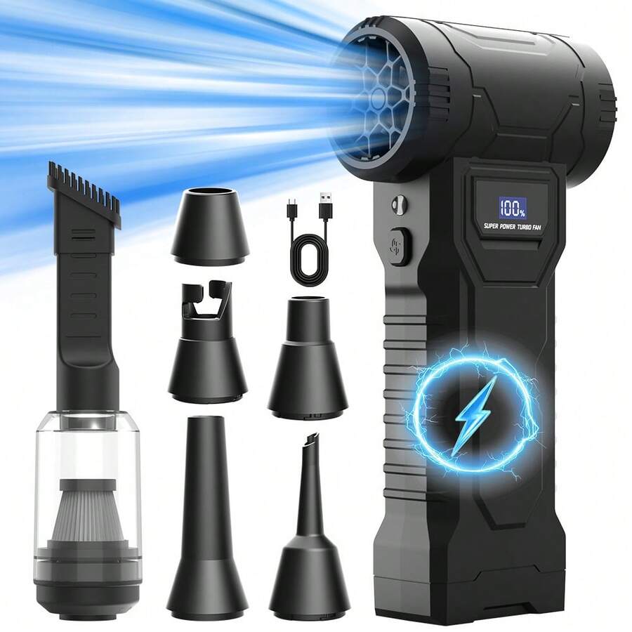 電動無線除塵器，高功率無刷馬達手持式吸塵器附充電吹風功能，3段式可調速，適用於除塵、吹雪、吹乾頭髮、居家清潔及電腦除塵，車用吹風與吸塵雙用