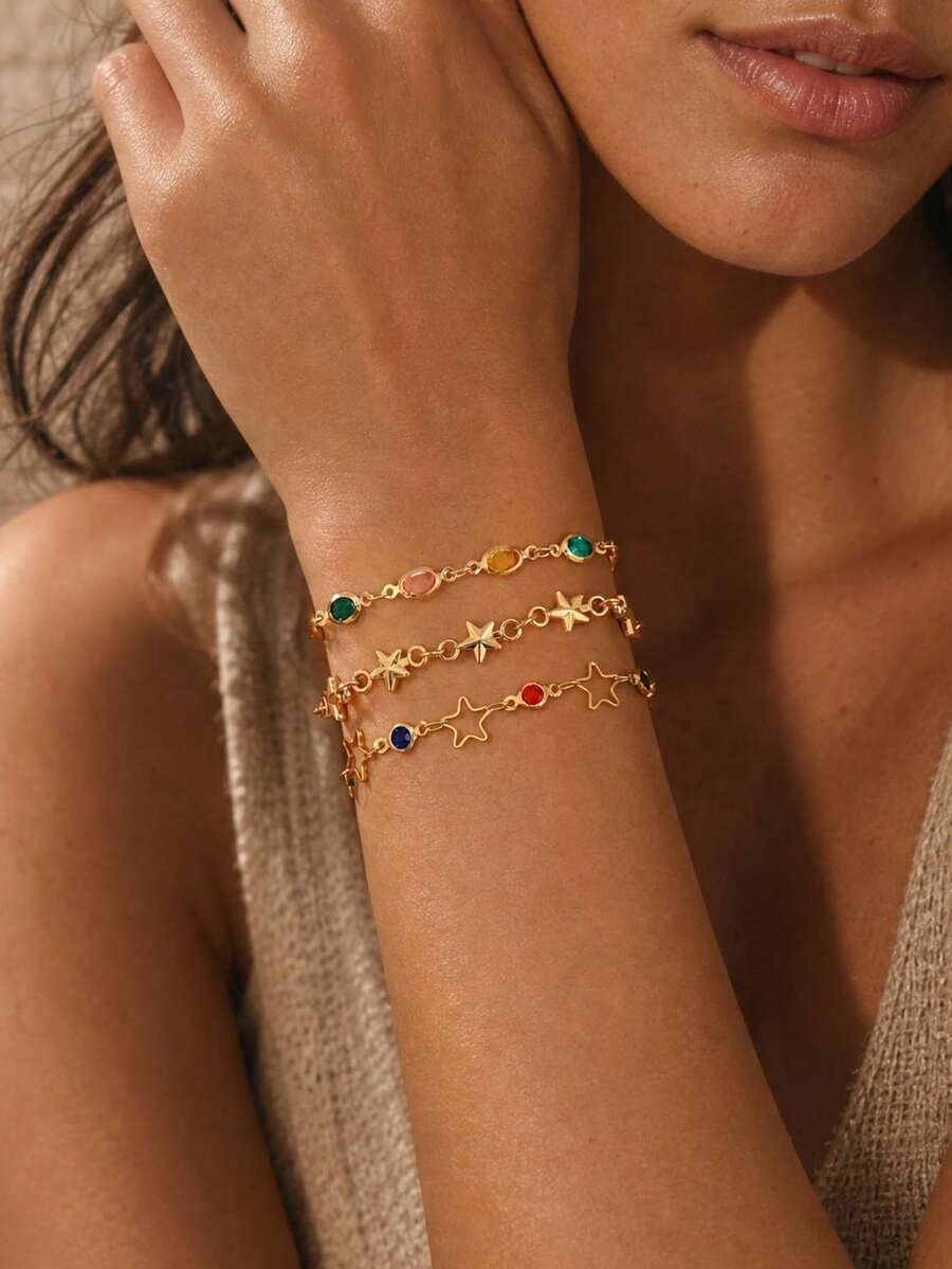 3pcs/Set French Luxury Style Colorful Rhinestone Star Layered Bracelet Set, Fashionable Oval Colorful Rhinestone Hollow Five-Pointed Star Decor Gold Women's Hand Accessory, Suitable For Daily Wear, Summer Vacation, Date, Party, Music Festival, Handmade Chain Cut By Length, Colorful Rhinestone Color Is Random - Multicolor - View 1