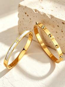 VceTd 2PCS Fashion Style Rivet Decorated Combined Design Glass Inlaid Stainless Steel Women's Bracelets, Suitable For Women's Fashion Outings, Vacations Or Party Gatherings - Yellow Gold - View 3
