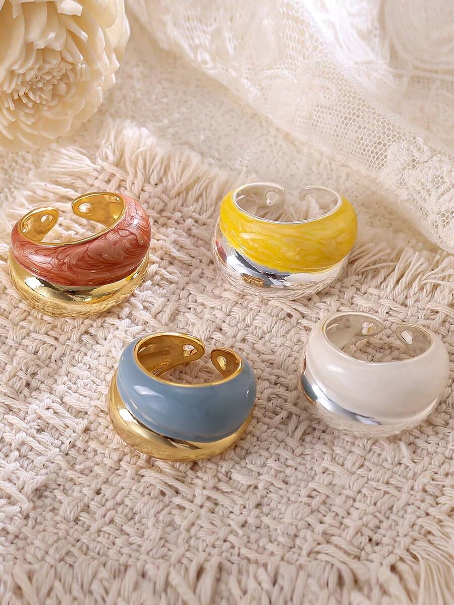 1 buah Cincin Terbuka Enamel Dua Warna untuk Wanita, Cincin Pita Tebal Ganda Berlapis Vintage dengan Desain Tetesan Minyak yang Dapat Diatur, Hadiah Perhiasan yang Dapat Ditumpuk untuk Sehari-hari - cincin yang dipersonalisasi - View 1