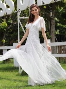 奢華花卉亮片白色婚紗，優雅設計，適合婚禮、週年紀念及半正式度假場合 - 白色 - 查看 2