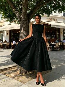 Women's Boat Neck Cap Sleeve Midi Dress, Corset Waist A-Line Flare Dress, Elegant Formal & Bridesmaid Dress - 黑色 - 查看 1