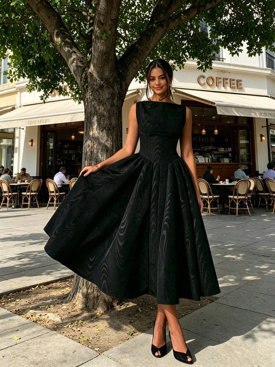 Women's Boat Neck Cap Sleeve Midi Dress, Corset Waist A-Line Flare Dress, Elegant Formal & Bridesmaid Dress - 黑色 - 查看 1