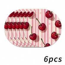 1/2/4/6/8/300 piezas Manteles de lujo de la serie de frutas, decorados con un patrón de cerezas frescas y un fondo de rayas rosas. Material de poliéster lavable a máquina, resistente a las manchas, impermeable y fácil de limpiar. Adecuado para decoración de fiestas y cocina. - Multicolor - Ver 21