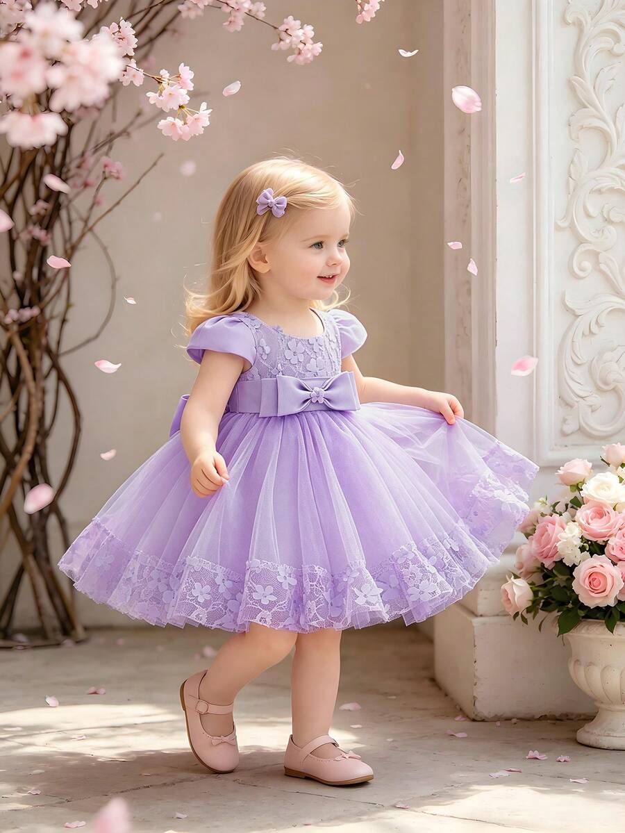 Baby Girls Princess Applique Bow Elegant Puff Princess Dress Suitable For Vacation, Headband Not Included