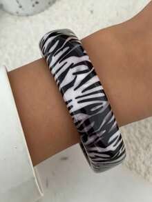 3pcs Chunky Bangle Bracelet Set For Women, Zebra Print, Matte Black & Metallic Silver Bracelet Stack, Statement Summer Jewelry Accessories - one-size - View 10