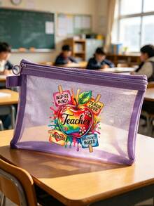 教師主題網格化妝包，感恩節教師收納包，「Teacher」字母蘋果印花圖案，開學收納包，多功能收納包，盥洗包，數據線收納包，適合作為開學、感恩節、教師節、生日等送給家人和朋友的禮物 - 彩色 - 查看 2