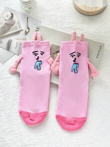 1 Pair/4 Pairs Pink Rabbit Fun Socks, Expression Pattern Magnetic Hand-Holding Socks, Unisex Quirky Mid-Calf Socks, Suitable For Daily Life, Couples, Party Gatherings, Great Birthday Gift - Multicolor - View 12