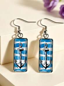 1 Pair Rectangular Ocean Style Pattern Sailboat Earrings Sailboat/Lighthouse/Anchor/Starfish Shell Summer Beach Vacation Earrings - Silver - View 16