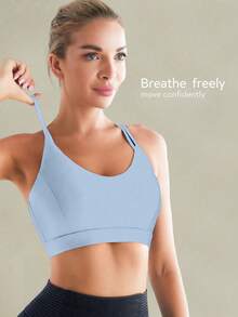 Tender Angel Women's Medium-High Support Sports Bra, Camisole Style, Beautiful Back, Removable Padding, Minimalist Yoga Tank Top, Running Fitness Bra, Backless Design - Sky Blue - View 4