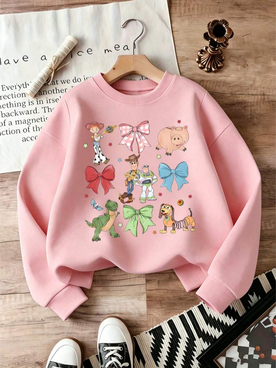 Disney Licensed Toy Story Crewneck Sweatshirt For Boys Girls Ages 2-14, Woody Buzz Jessie Rex Hamm Slinky Dog & Color Bow Graphic,  Holiday Daily Top - Pink - View 1