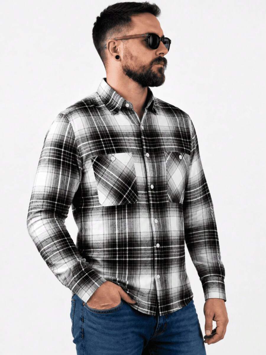 Men's Long-Sleeved Flannel Plaid Shirt - Đen và trắng - Xem 1