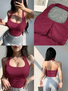 Short, Fitted, Strappy, Backless Top In Brown, Suitable For Summer And Spring In Y2K Style - Watermelon Pink 2 - View 1