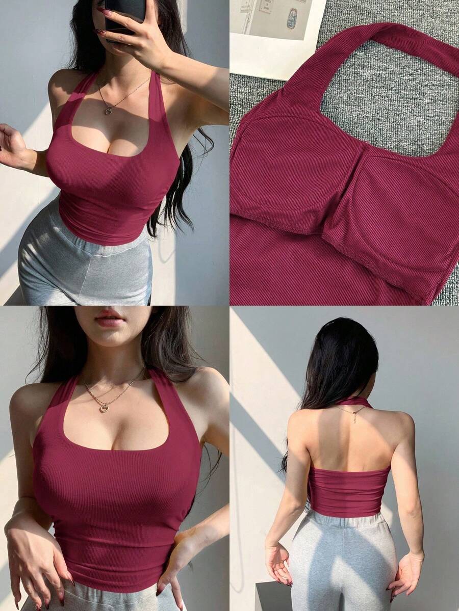 Short, Fitted, Strappy, Backless Top In Brown, Suitable For Summer And Spring In Y2K Style - Watermelon Pink 2 - View 1