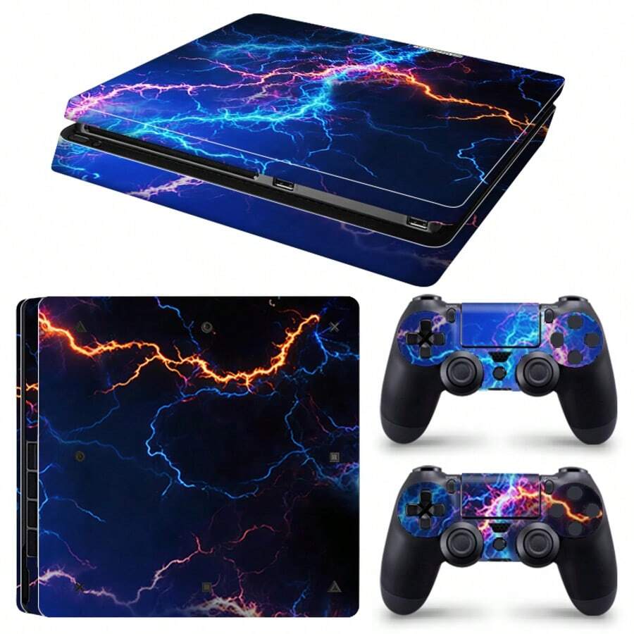 1 Set Printed Pattern Skin Stickers Compatible With PS4 Slim Game Console, Waterproof Scratch-Resistant Personalized Decorative Protective Film For Controller - View 1