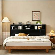 Double Headboard With LED Lights And Sockets For Bed - Black - View 4