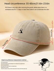 1pc Unisex Khaki Color Panda Embroidery Washed Soft Top Adjustable Baseball Cap For Daily Casual Wear - A - View 4