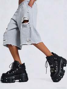 Women's Platform Biker Boots Lace Up Motorcycle Ankle Boots Black Metal Combat Y2K Goth Punk Booties Fashion Shoes Outdoor Footwear Rock Boots - 黑色 - 查看 8