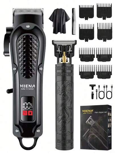 HIENA 2pcs/Set Men's Haircut & Trimming Combo, T9 Blade, Digital Display Electric Hair Clipper, Integrated Tool Kit, Suitable For Home Use (Single Hair Clipper Also Available)