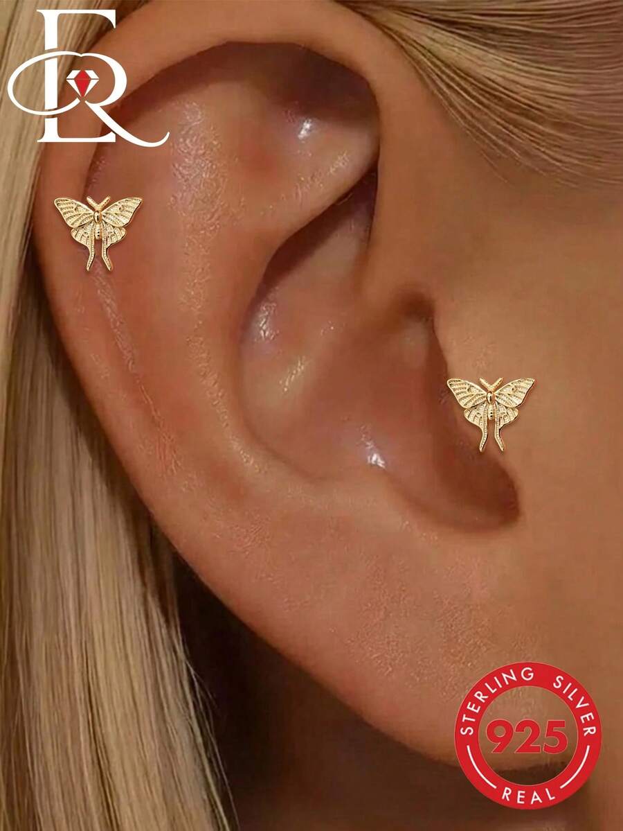 EleRunis 1pc 925 Sterling Silver Moon Moth Flat Lip Stud/Cartilage Stud/Helix Stud/Ear Cartilage Stud/Spiral Stud Threaded Piercing Jewelry For Daily Wear, Wedding, Party - Gold - View 1