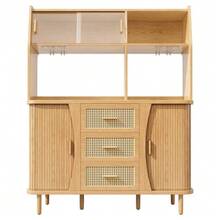 High-Quality Sideboard With Rattan Look And Glass Sliding Doors, 174.5cm High Kitchen Cabinet With Storage Space, Natural Wood/Walnut Look, Load Capacity Up To 60kg - Wood + MDF + Metal - View 5