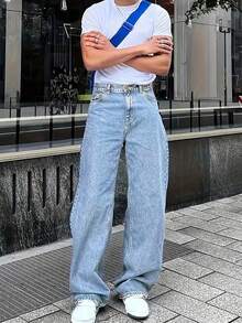 Celana Jeans Denim Pria Ukuran Besar Warna Biru Muda Model Lebar, Celana Kasual Longgar Serbaguna Model Lurus - Medium Wash - View 1
