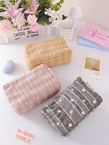 Large Capacity Striped Makeup Bag, Floral Print Travel Toiletry Bag, Women's Clutch,Portable Handbag, Pencil Pouch, Pencil Case,Travel/Dormitory - Multicolor - View 3